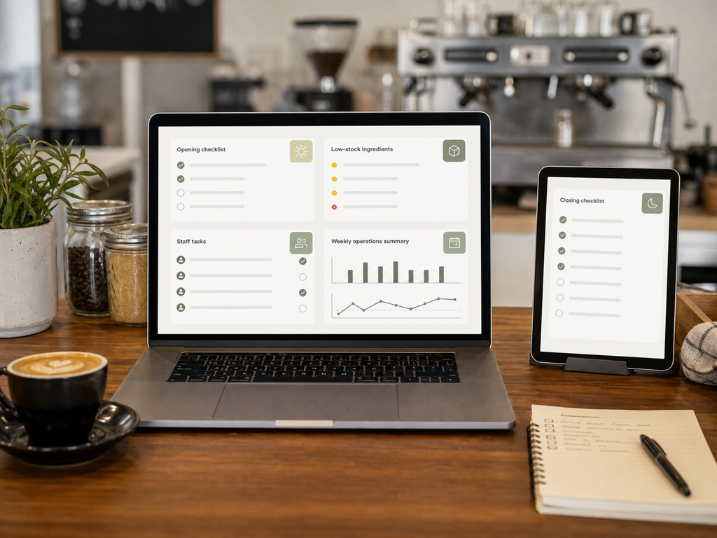 Illustrative 789coffee café operations dashboard showing checklists, stock and staff tasks / 789coffee 咖啡店运营界面示意，展示清单、库存和员工任务