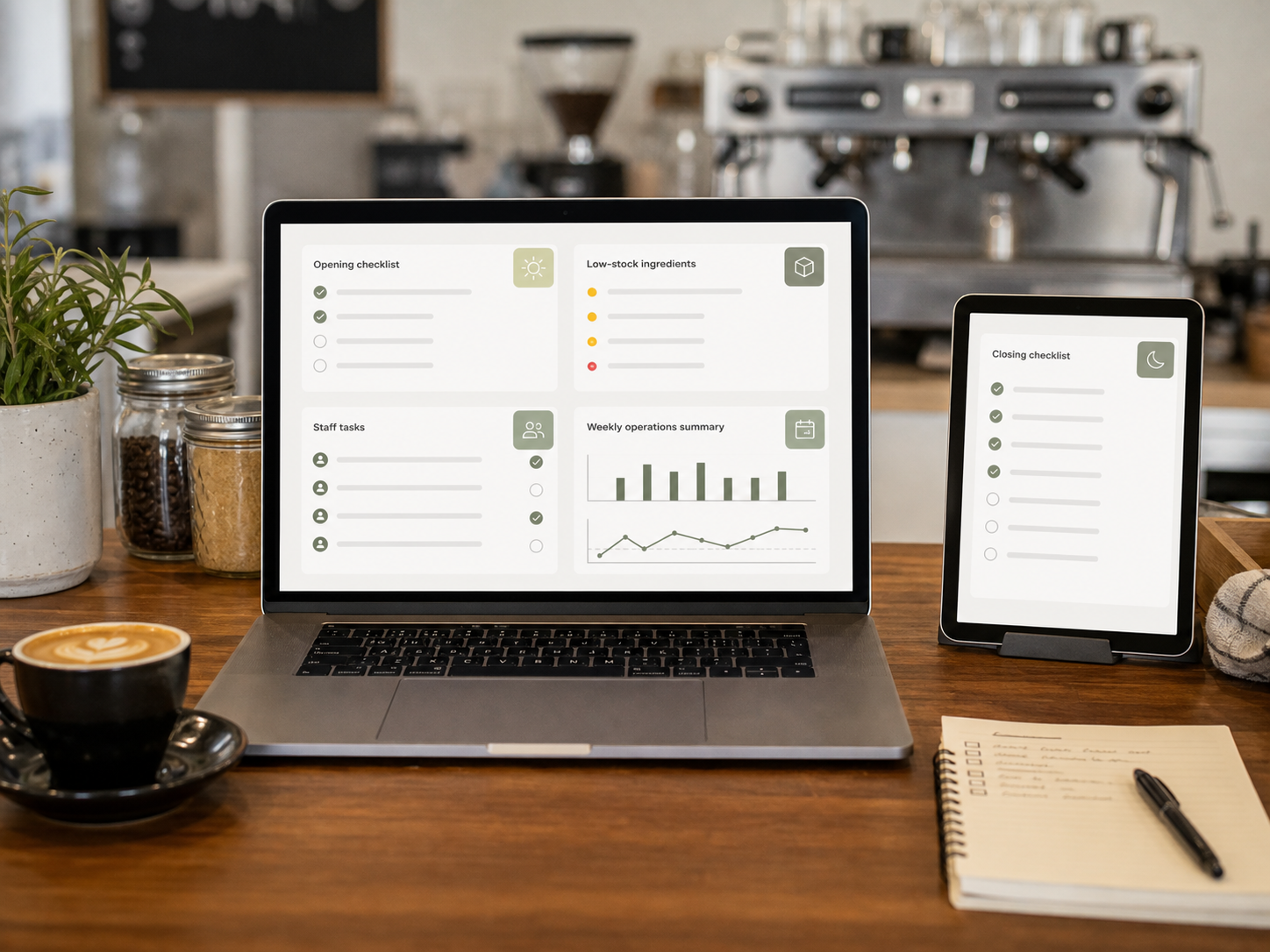 Illustrative 789coffee café operations dashboard showing checklists, stock and staff tasks / 789coffee 咖啡店运营界面示意，展示清单、库存和员工任务