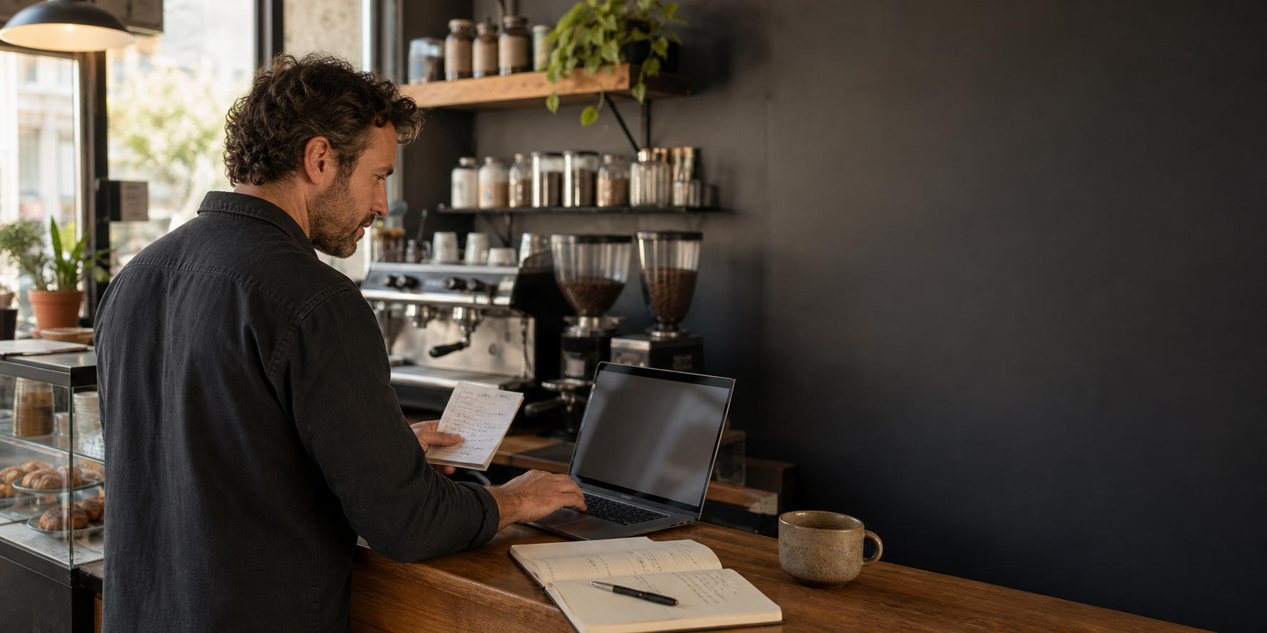 Café owner reviewing daily operations beside espresso equipment / 咖啡店经营者在咖啡设备旁核对日常运营